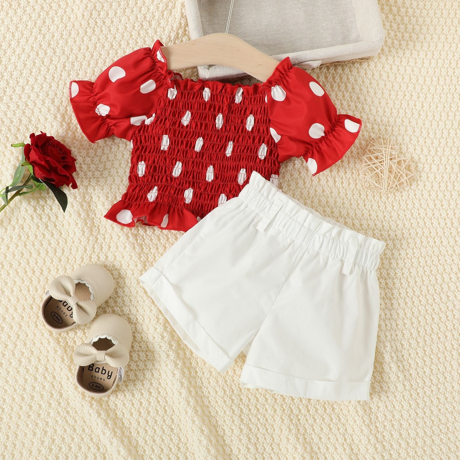 Cute Toddler Girls Summer Clothes Sets with Dot Print Crop Top and Solid Shorts