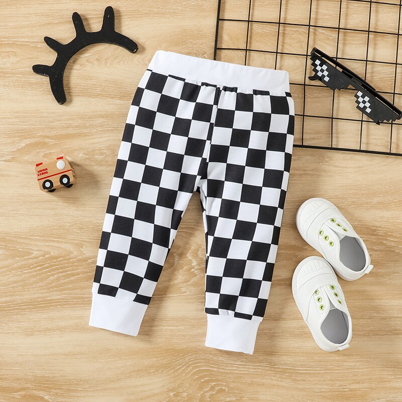 Stylish New Born Baby Boy Clothes with Long Sleeve Romper and Checkerboard Print Trousers