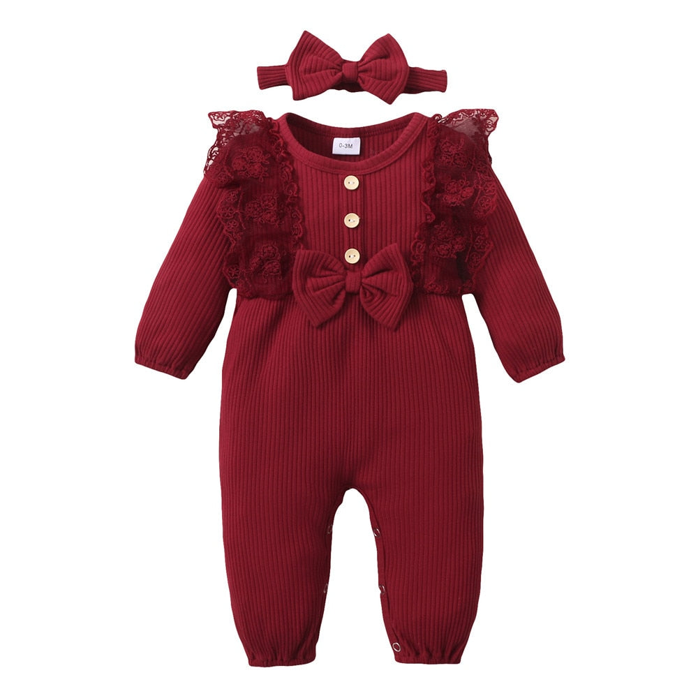 Solid Lace Baby Girls Rompers with Long Sleeves