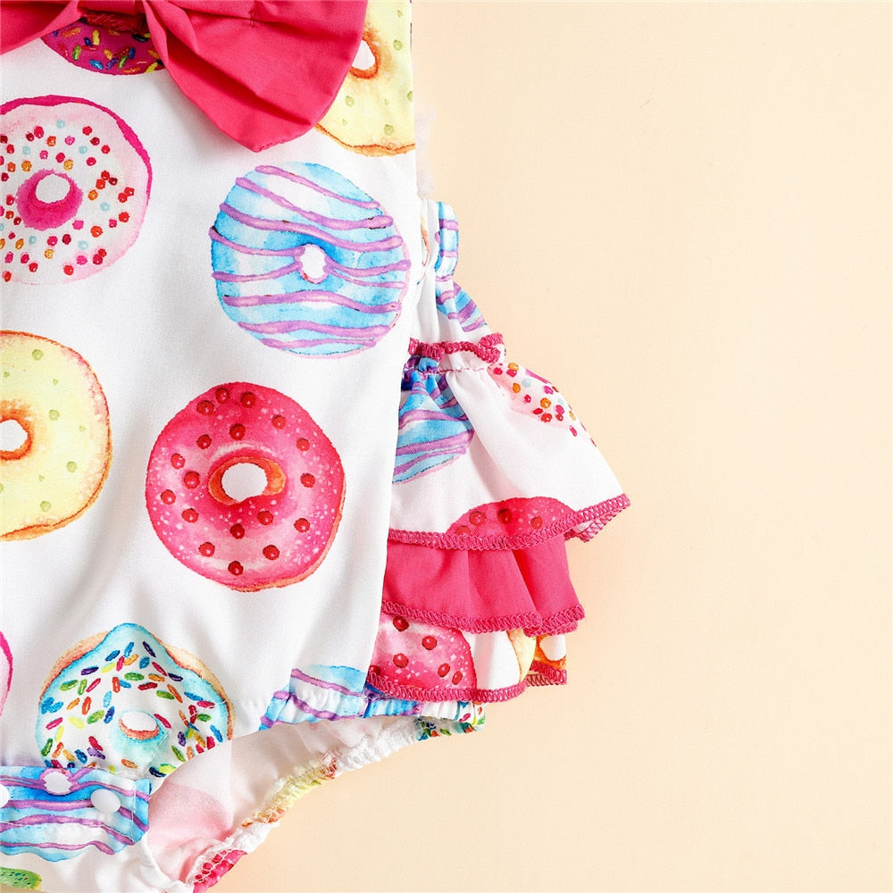 Donut Printed Infant Bodysuit with Bowknots and Ruffles