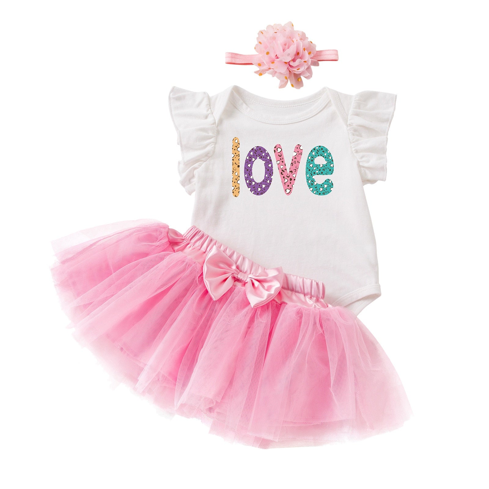 Newborn Baby Girl Valentine's Day Clothes Set - Love Letter Print Romper, Tulle Skirt and Headband 3Pcs Outfits