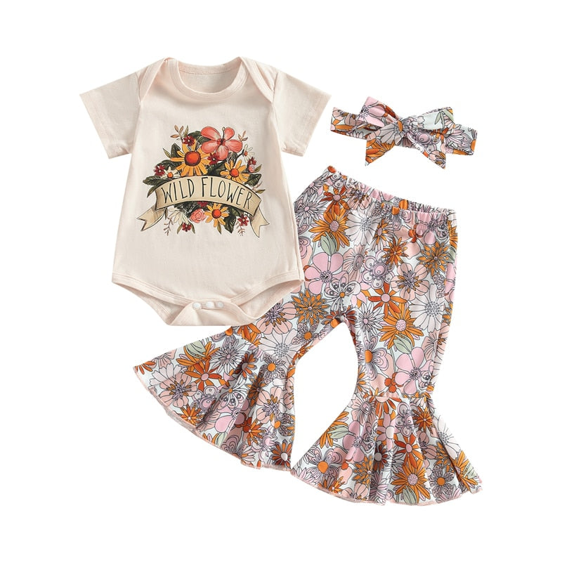 Infant Baby Girls Summer Clothes Set with Letter Floral Print and Bow Headband