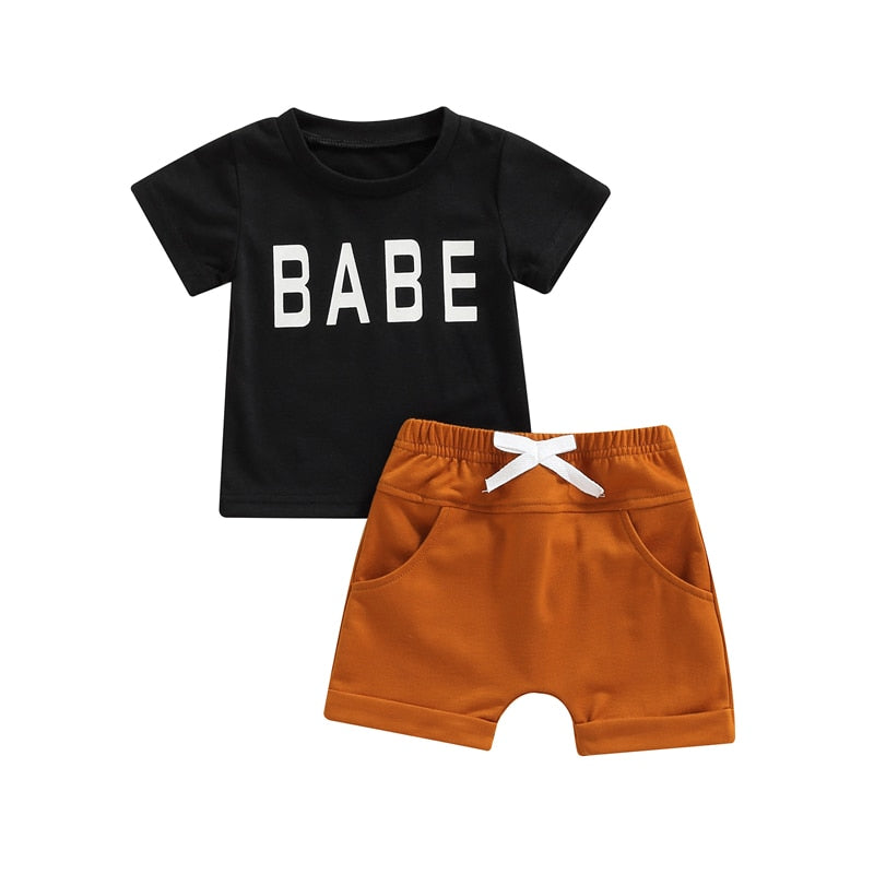 Unisex Newborn Infant Baby Clothes Sets Boys Girls Short Sleeve Letter Print T-Shirts Knot Front Shorts 2pcs Casual Suits