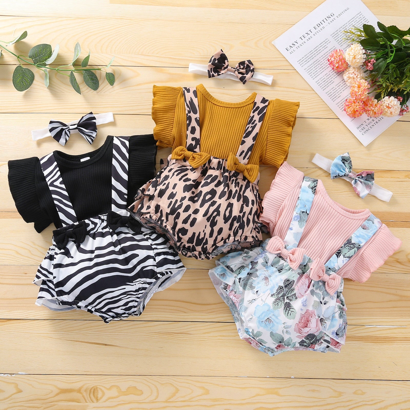 Adorable Newborn Infant Baby Girl Clothes Set with Soft Knitted T-Shirt, Bow Flower, Leopard Suspender Shorts