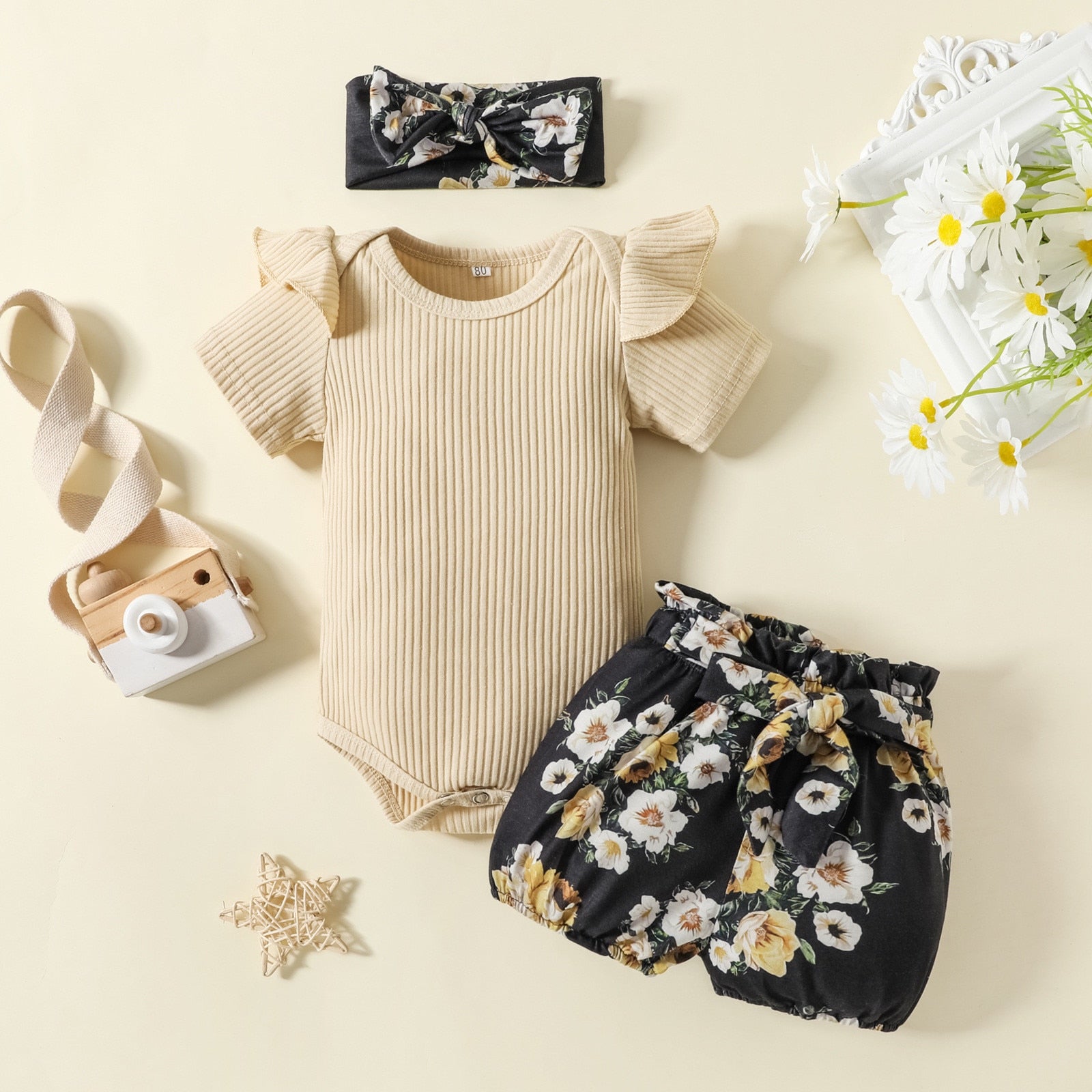 Adorable Infant Baby Girls Summer Clothes Sets - Short Sleeve Ribbed Romper Bodysuit+Shorts+Headband Sets