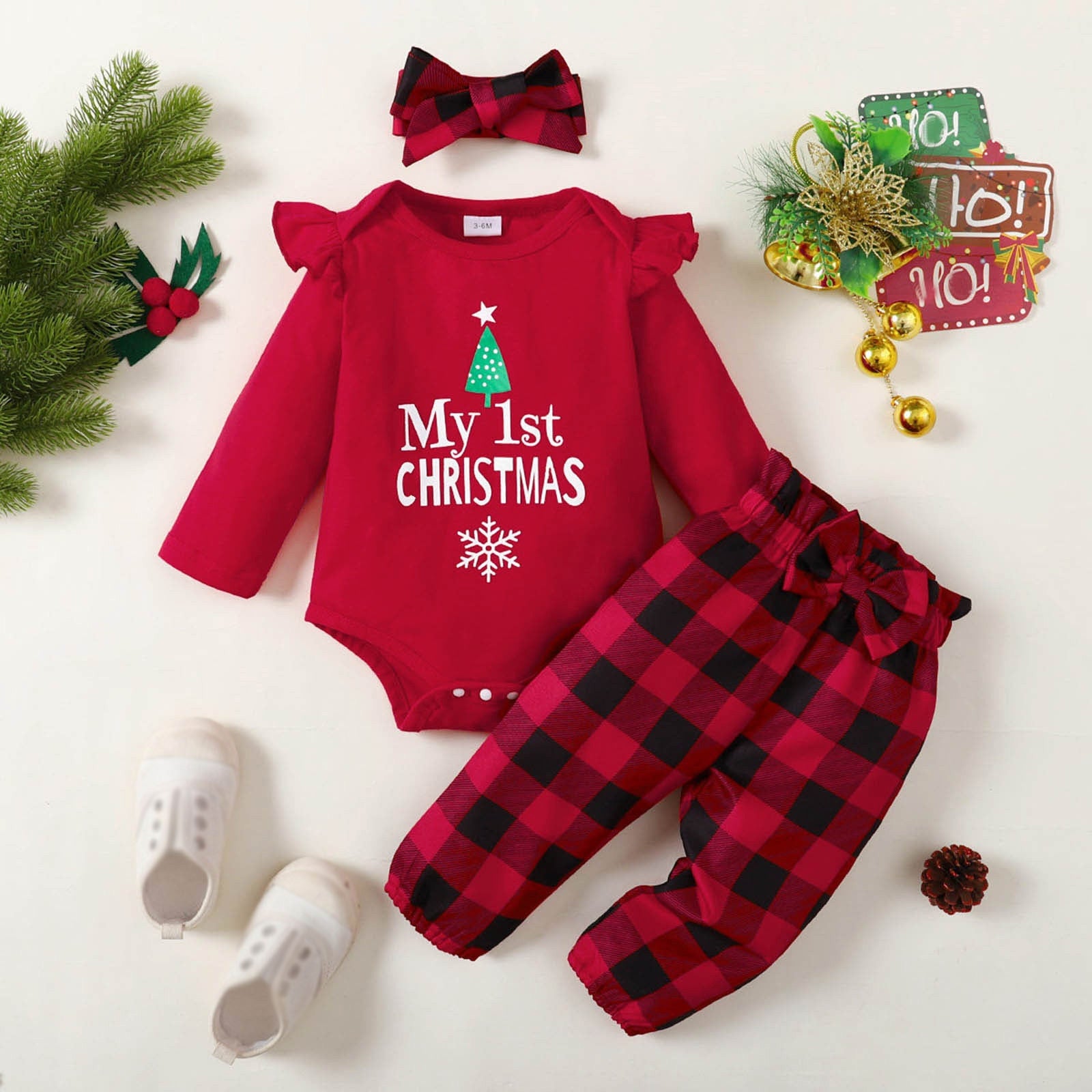 Adorable Christmas Outfits for Newborn Infant Girls - Long Sleeve Rompers, Pants, and Headbands Sets