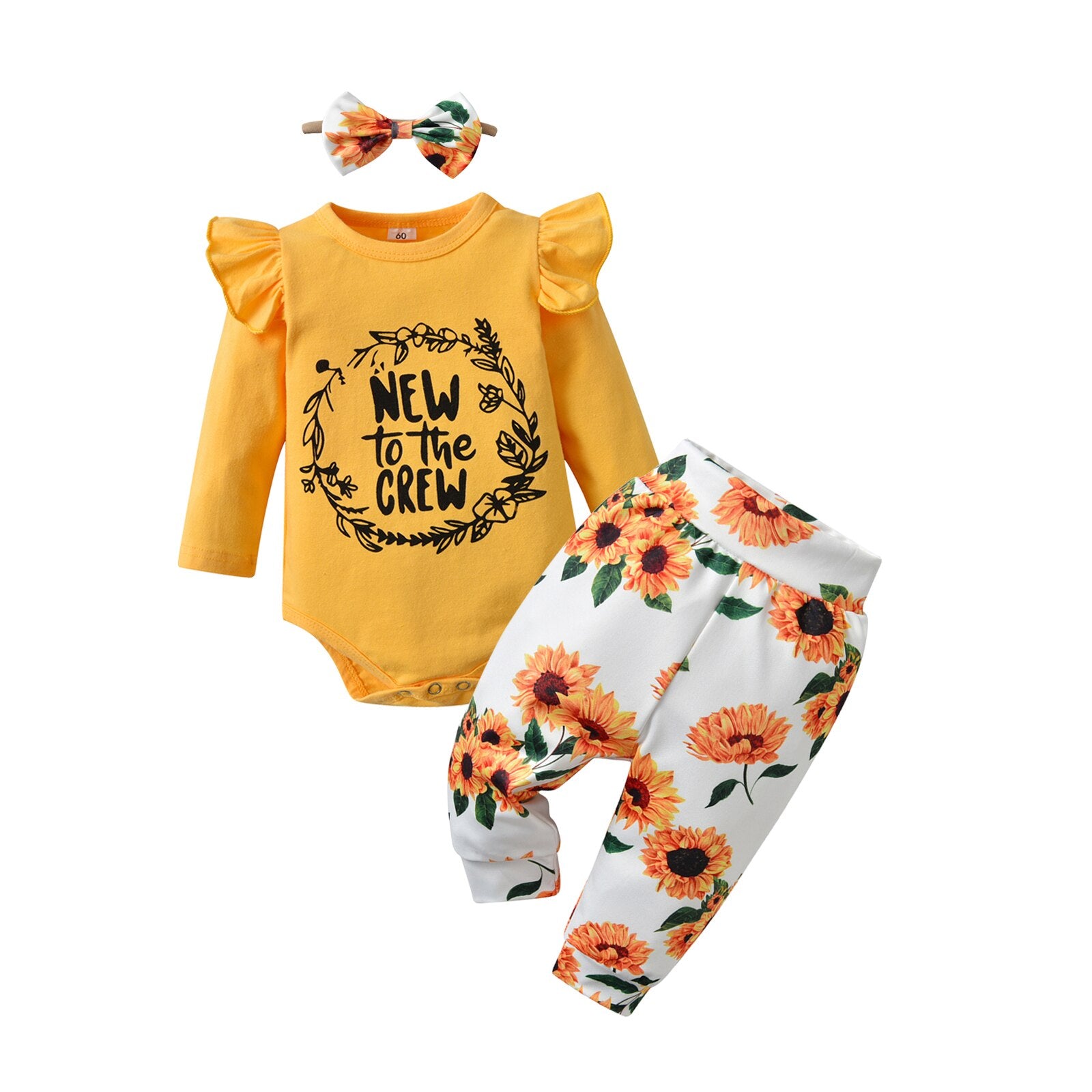 Cute Baby Girl Outfits Clothing Sets with Fly Sleeve Printed Romper, Flower Pants, and Headband