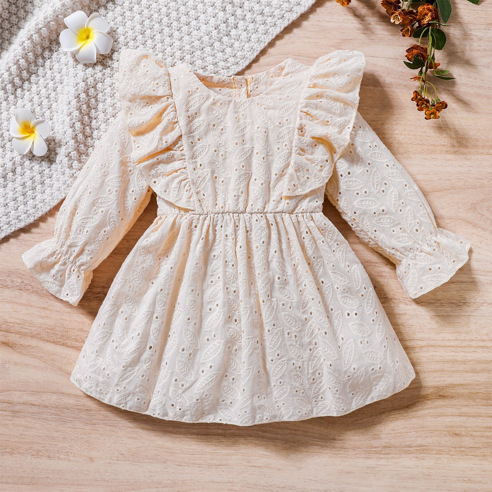 Adorable Baby Girls' A-Line Dress with Ruffles, Flowers, and Lace Cutouts