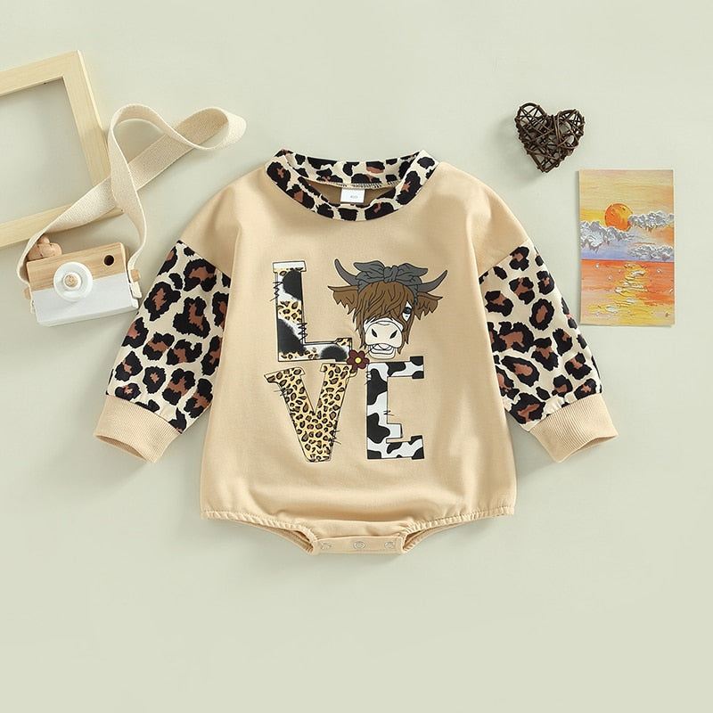 Adorable Cattle Leopard Letter Print Patchwork Jumpsuits for Newborns