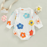 Lovely Autumn Newborn Baby Girls Ribbed Rompers with Flower Print