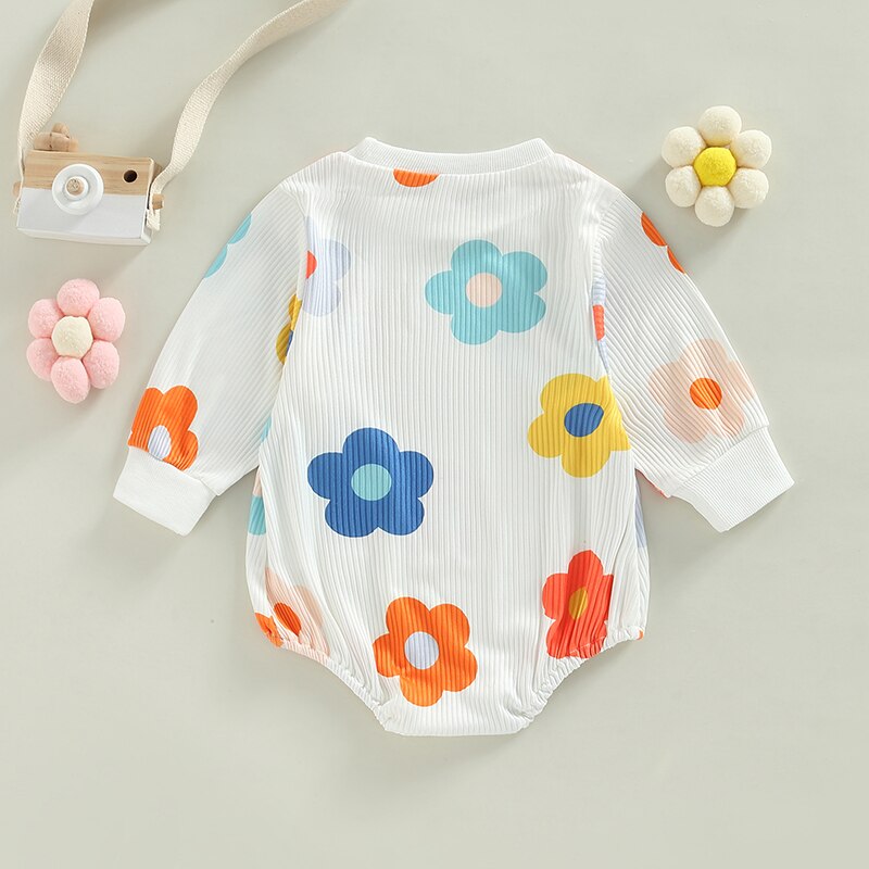 Lovely Autumn Newborn Baby Girls Ribbed Rompers with Flower Print