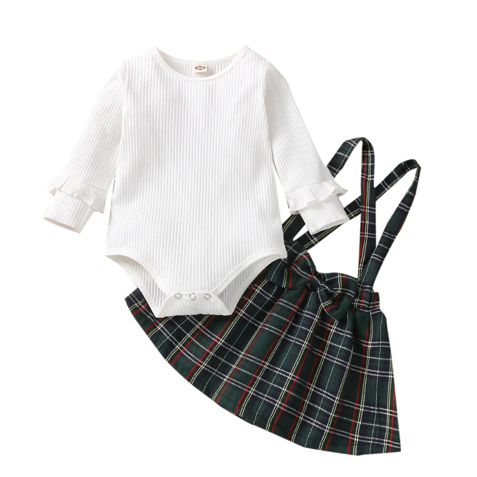 Newborn Infant Baby Girls Clothes Sets: Spring Collection of Ribbed Long Sleeve Romper Bodysuit and Plaid Suspender Dress Princess Sets