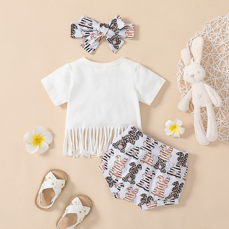 Summer Newborn Baby Girls Independence Day Clothes Sets Rabbit Letter Print Short Sleeve Tassels T-shirts+Shorts Casual Outfits