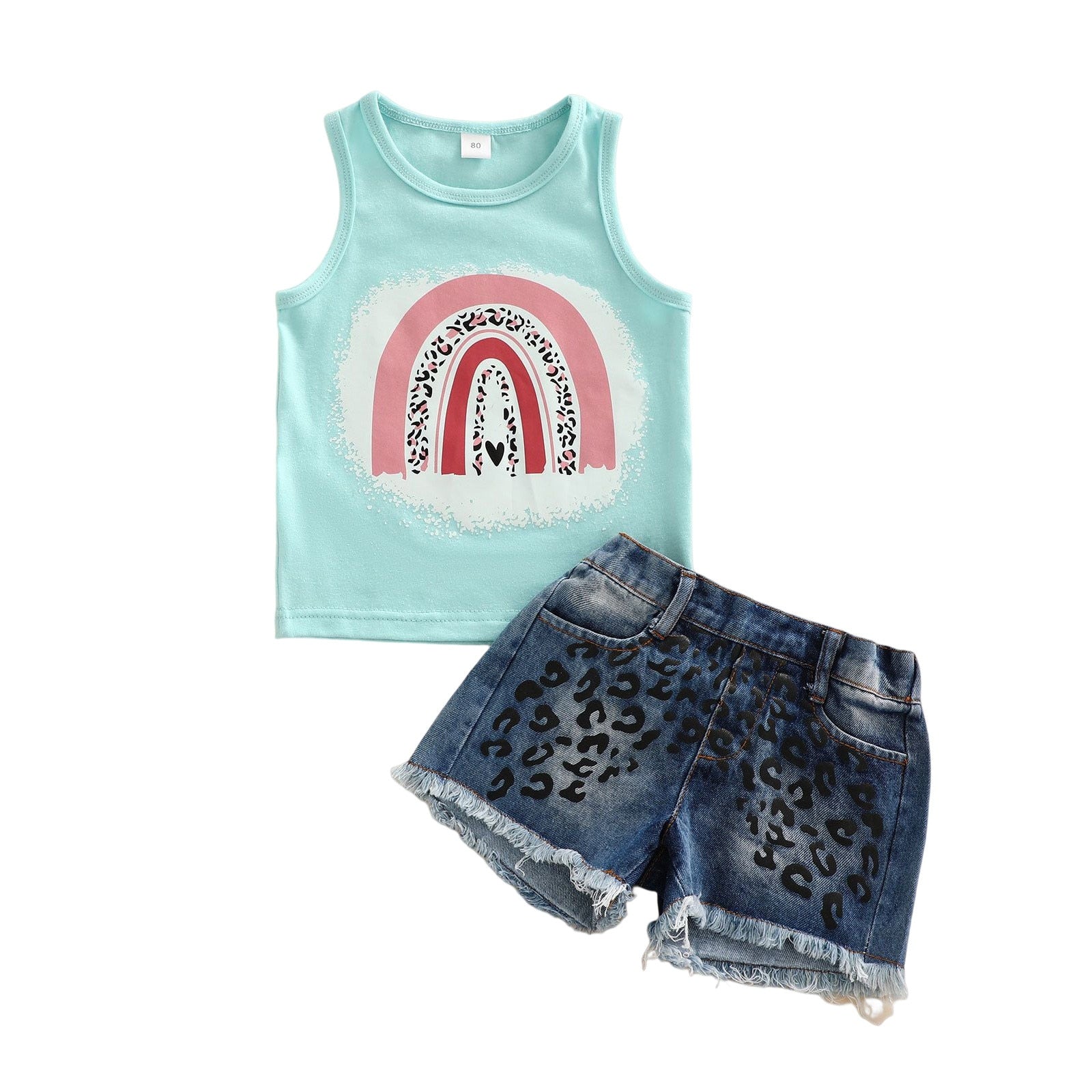 Summer Fashion Kids Girls Clothes Sets Leopard Print Sleeveless Vest Tops+Denim Shorts Sets