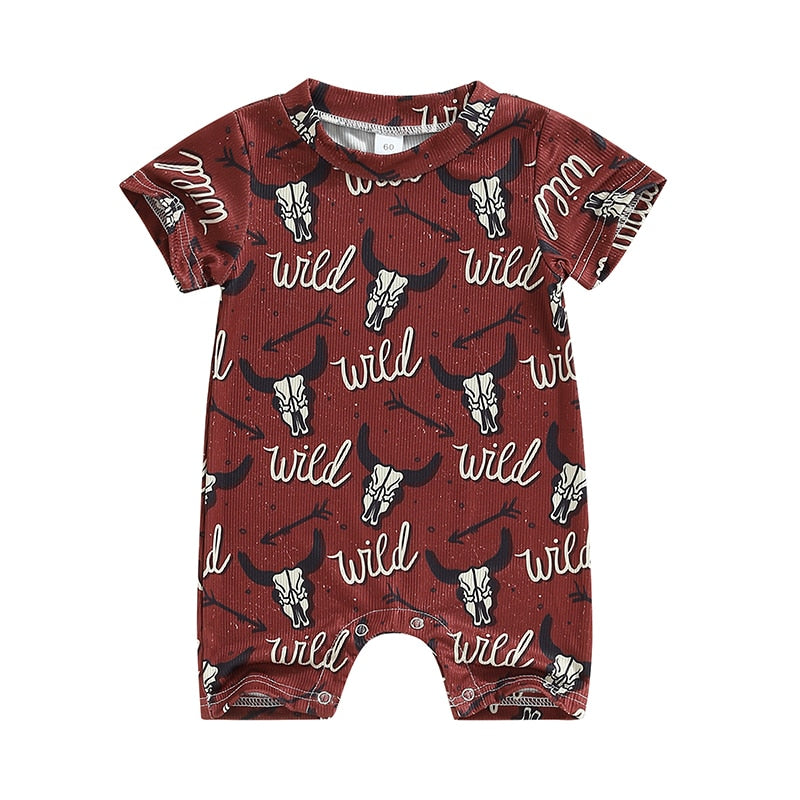 Adorable Summer Rompers for Baby Boys and Girls - Cattle Letter Print, Ribbed Short Sleeves, Crew Neck