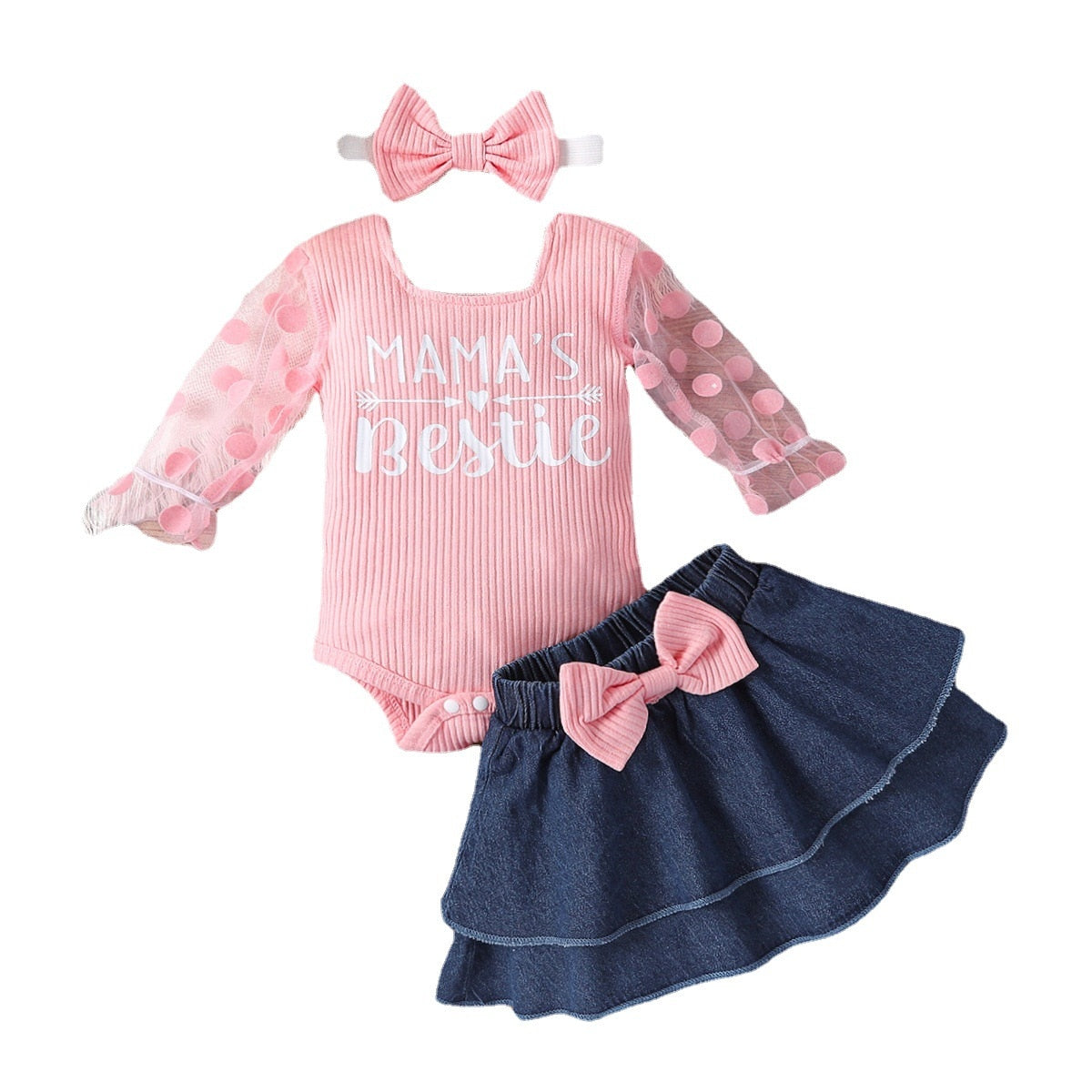 Baby Girl Outfit Sets - Pink Dots Lace Romper+Layered Denim Skirts Newborn Birth Set Baby Girl Clothes