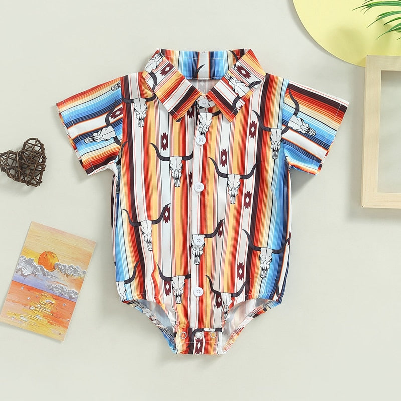 Vintage Summer Newborn Baby Boys Shirts Bodysuits with Cattle Cactus Print