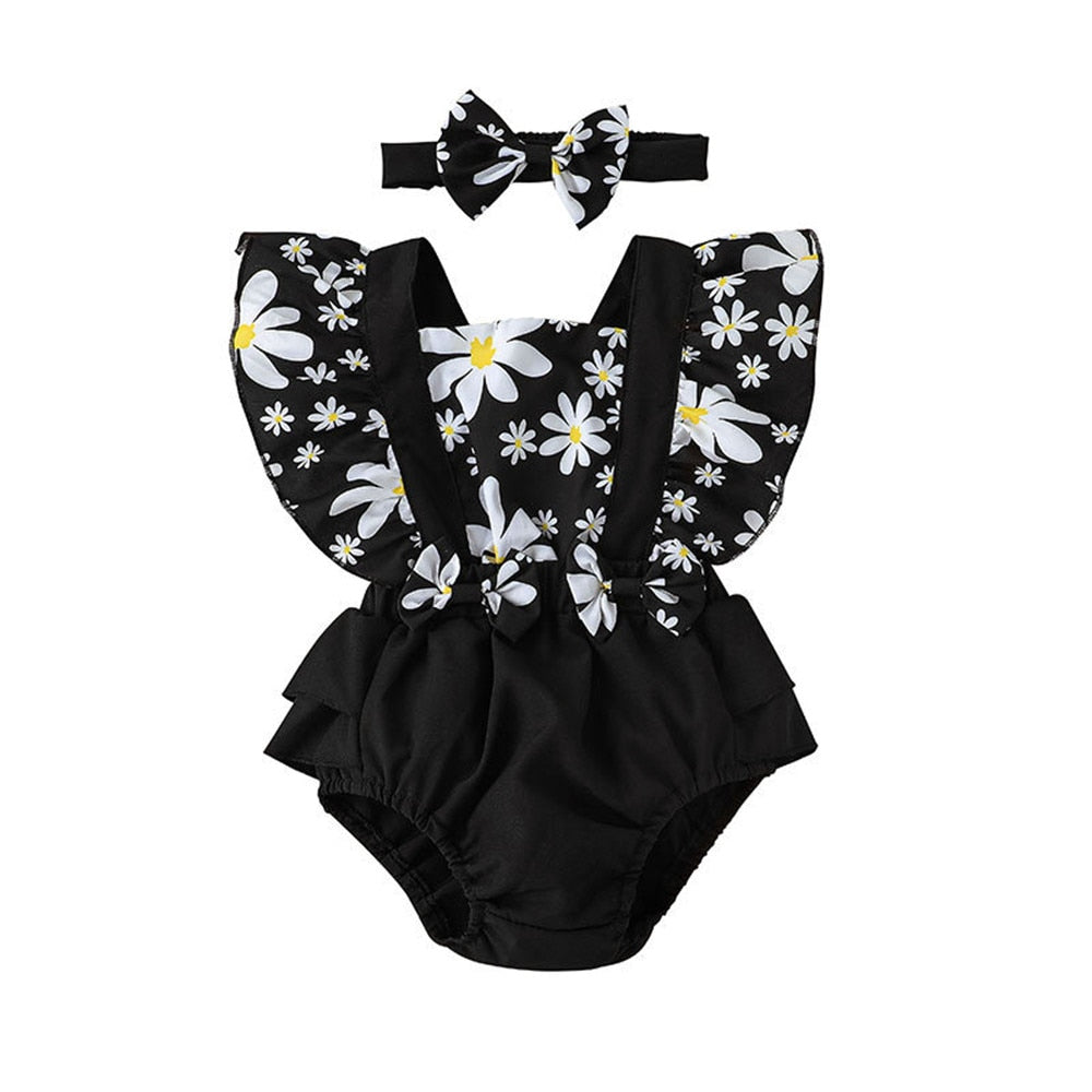 Dress Up Your Little One in Style with Flowers Printed Bodysuit | Cute Baby Rompers with Patchwork and Bowknots | Ruffled Outfits for Newborn Overalls | Adorable Children Suits