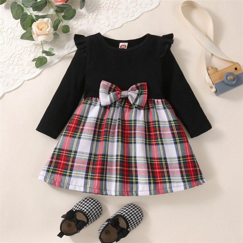 Baby Girl Plaid Dress with Ruffles and Long Sleeves - Babbez