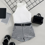 Baby Little Girl S Sleeveless Ribbed Outfit Set - Solid Color Stand-up Collar Belted Shorts - Babbez