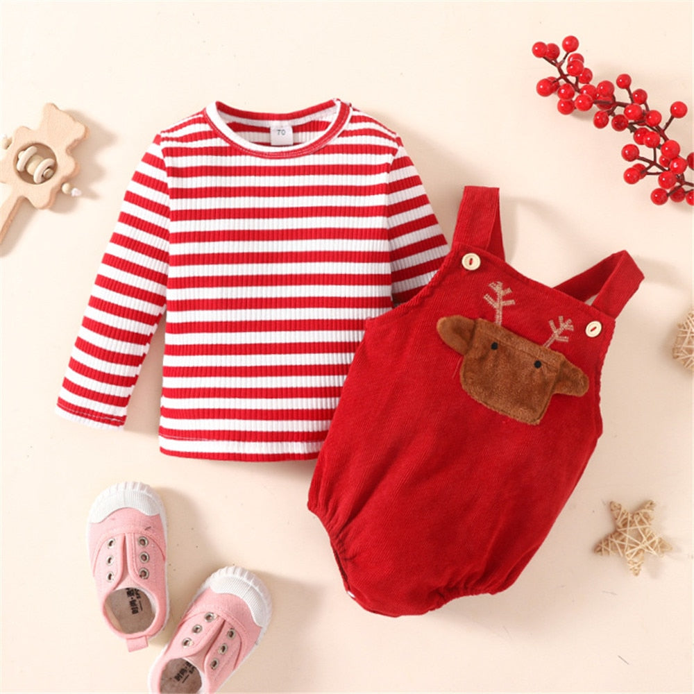 Adorable Baby Christmas Costume Set: Red Striped Top and Deer Overalls