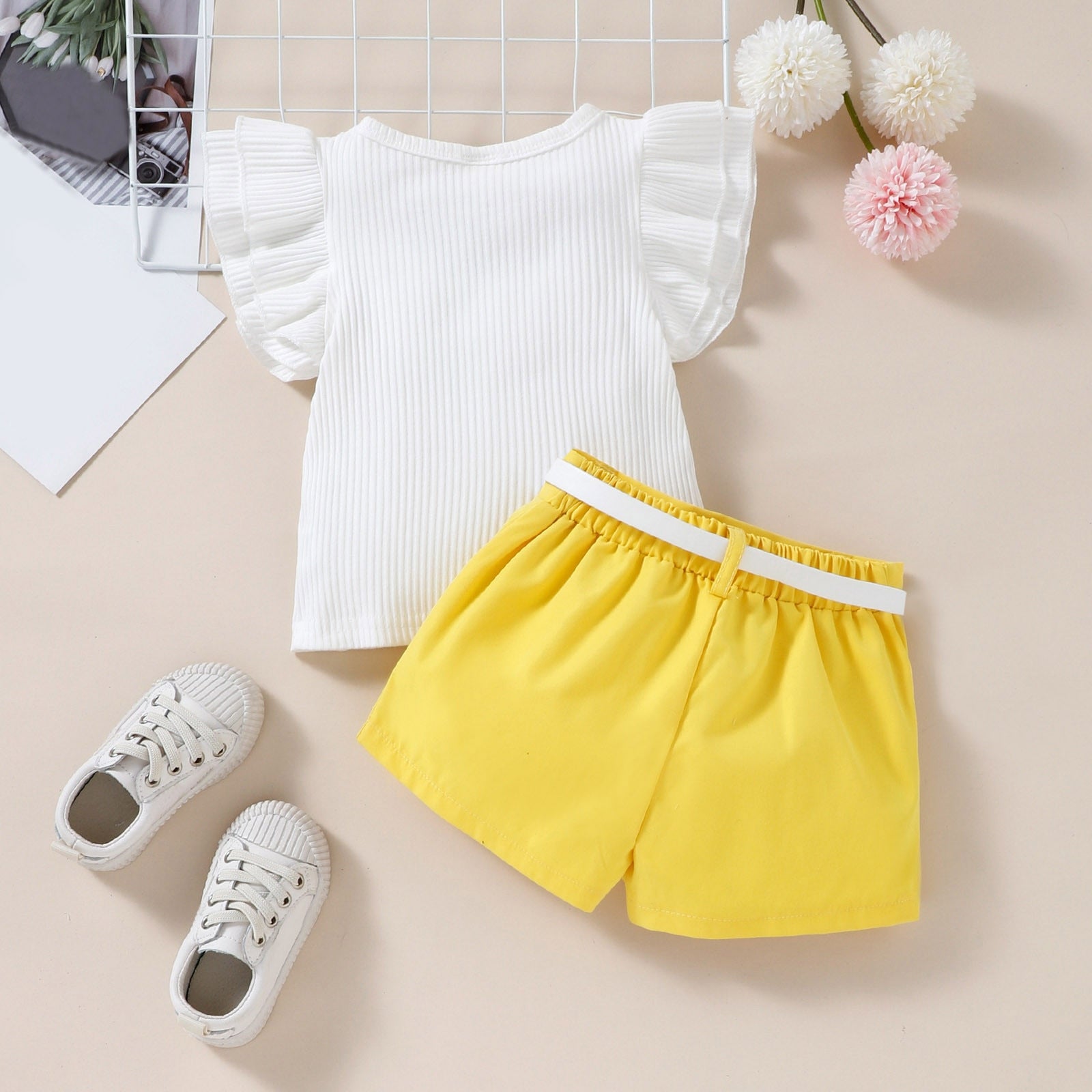 Toddler Infant Baby Girls Clothing 2pcs Clothes Sets Ruffles Fly Sleeve Ribbed Solid T Shirts + Shorts With Belt Outfits