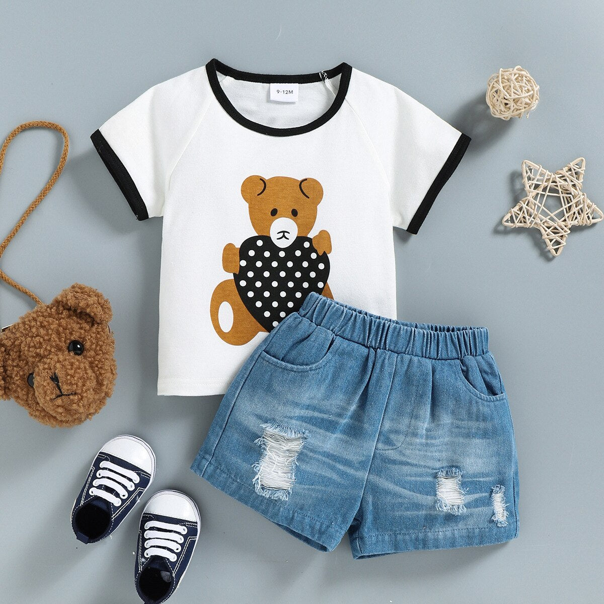 Adorable Baby Boy Summer Outfit Set with Heart Bear T-shirt and Denim Shorts