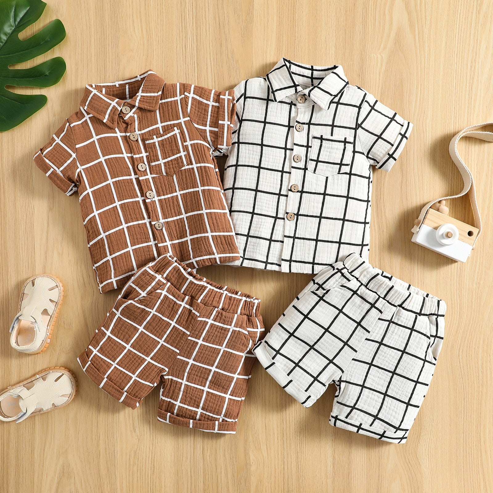 Toddler Baby Boy Plaid Lapel Short Sleeve Outfit Set