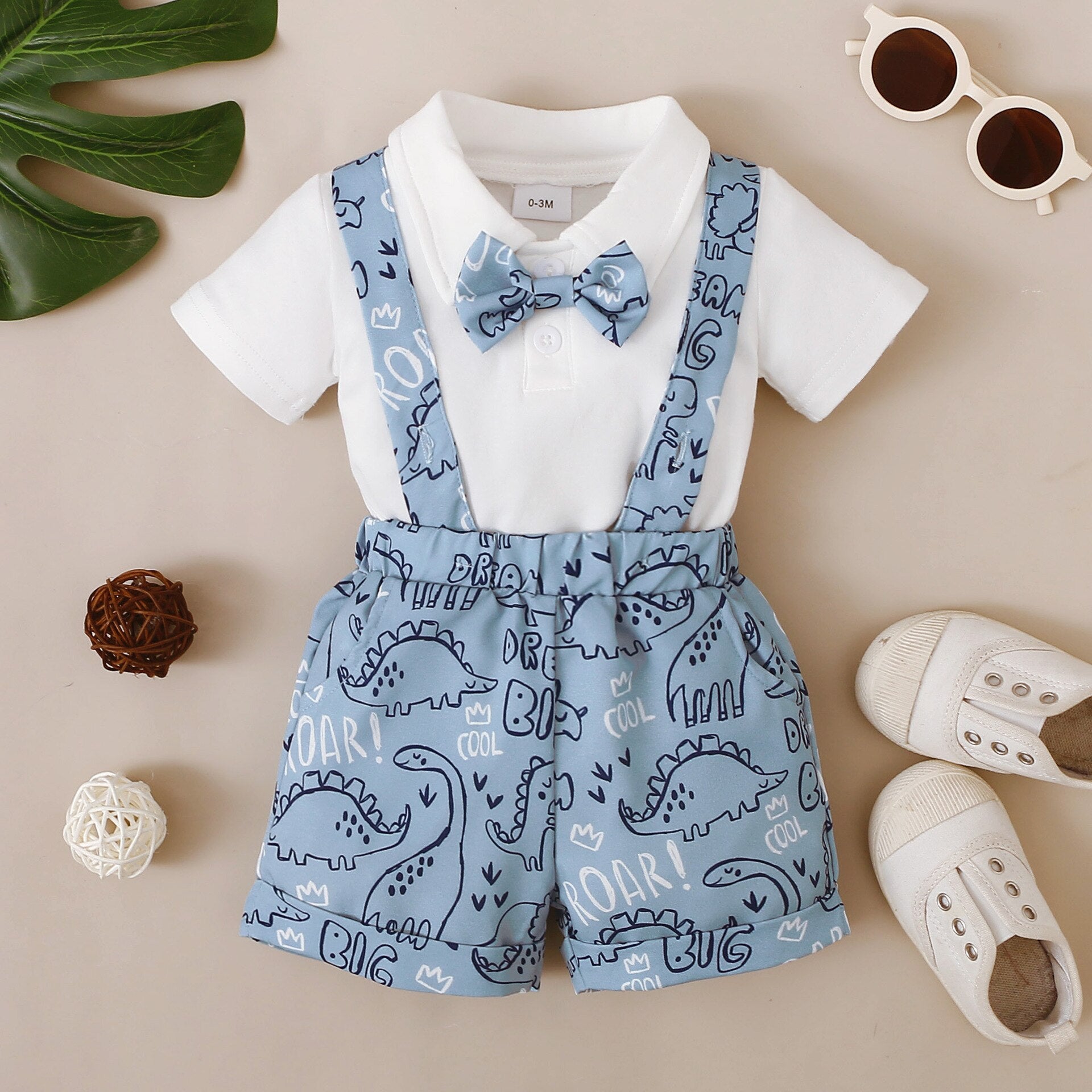 Stylish Baby Boy Clothes Set with Letter Print Necktie Romper and Overalls