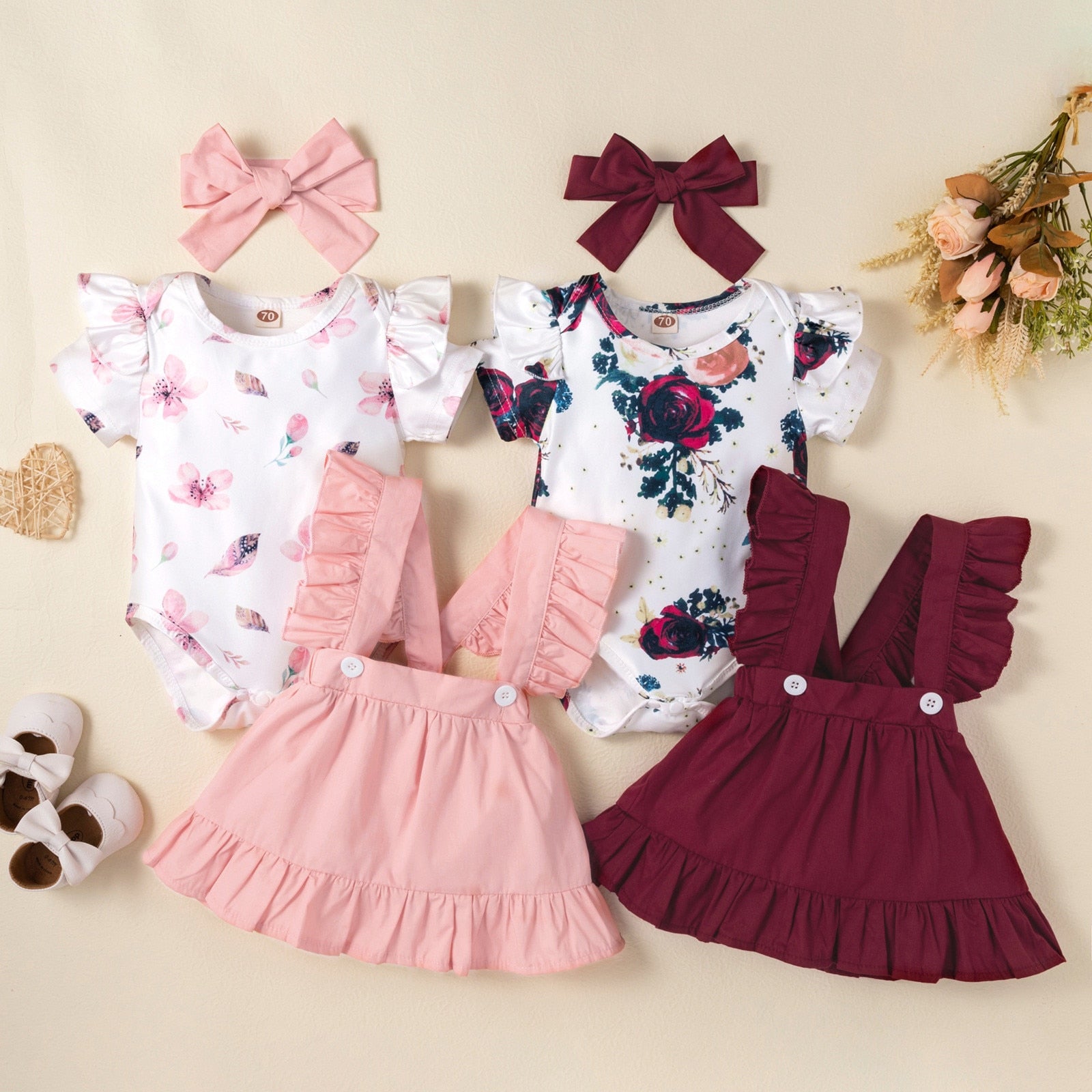 Adorable Newborn Baby Girl Clothes Sets with Floral Bodysuit and Suspender Skirts