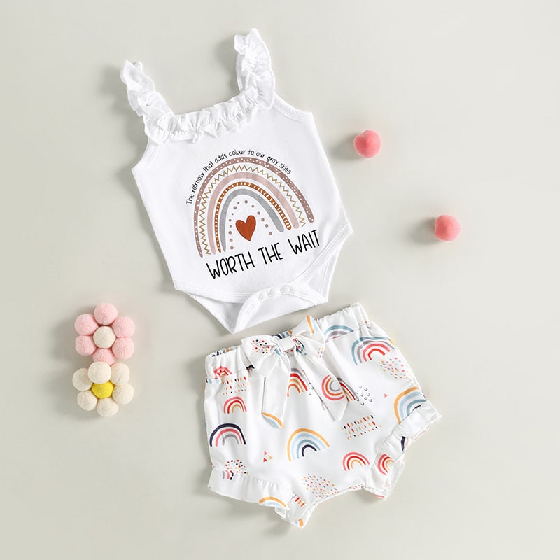 Fashionable Newborn Baby Girls Summer Clothes Sets with Rainbow Letter Print Bodysuits and Bowknot Shorts