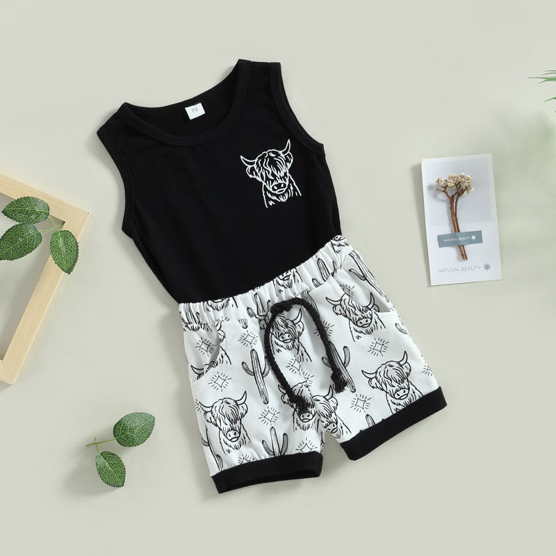 Summer 2pcs Clothing Sets for Baby Boys - Sleeveless Tanks Tops + Elastic Waist Shorts with Cattle Cactus Print