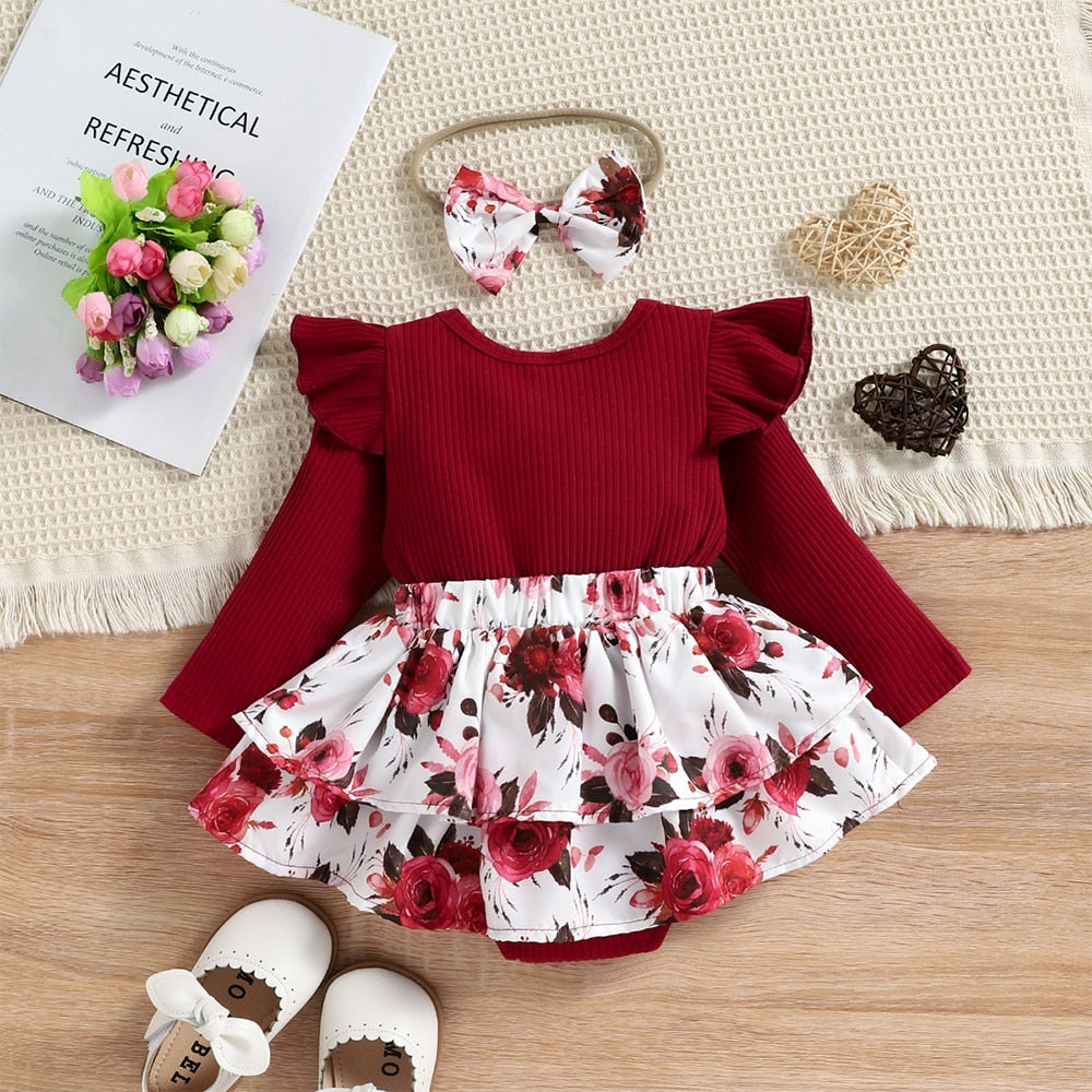 Festive and Cute Baby Girl Christmas Romper Dress with Ruffles and Long Sleeves