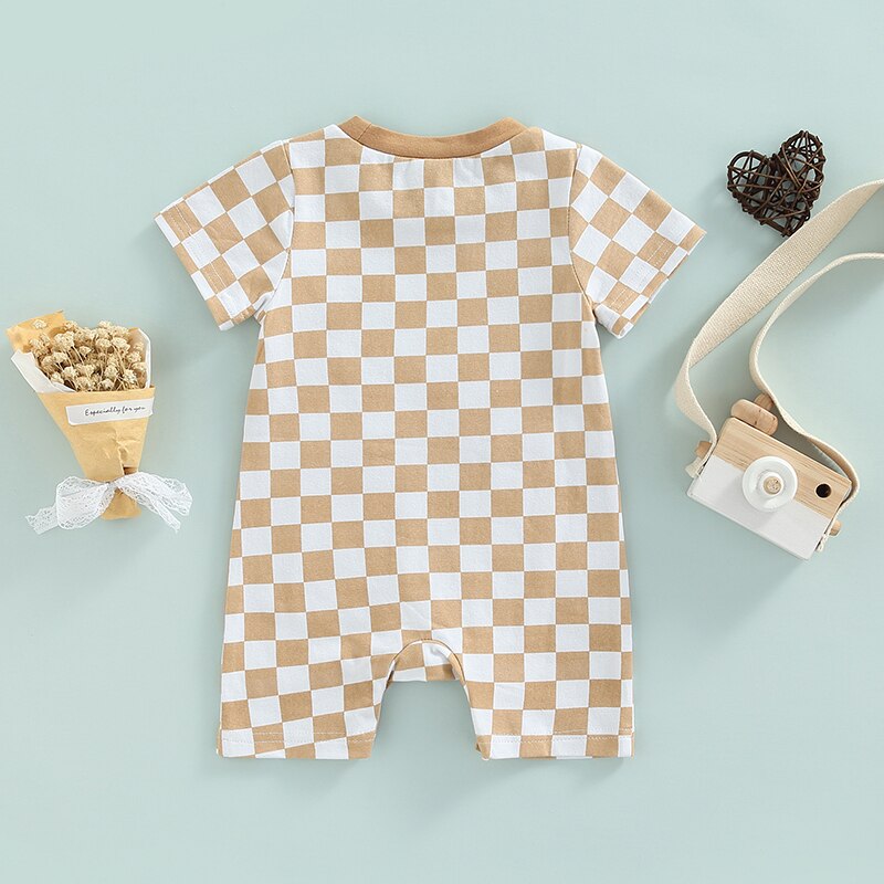 Stylish Black and White Plaid Baby Romper with Pockets