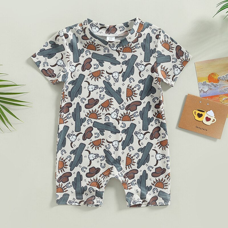 Fashion Baby Summer Clothes for Boys - Ribbed Cactus and Sun Print Short Sleeve O-neck Rompers and Jumpsuits - Newborn Clothing