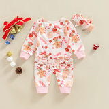 Baby Girls Christmas Romper 2pcs Long Sleeve Gingerbread Man/Santa Claus Print Zipped Jumpsuits Hairband