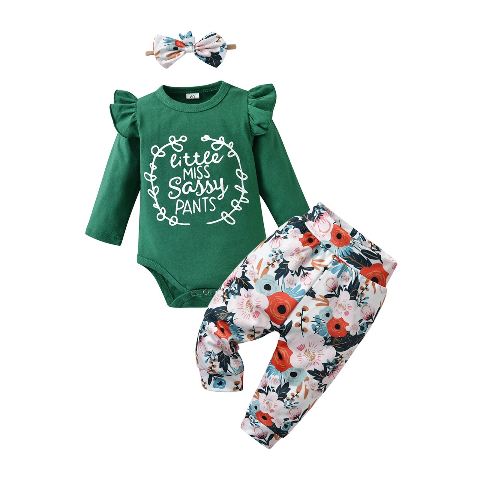 Cute Baby Girl Outfits Clothing Sets with Fly Sleeve Printed Romper, Flower Pants, and Headband