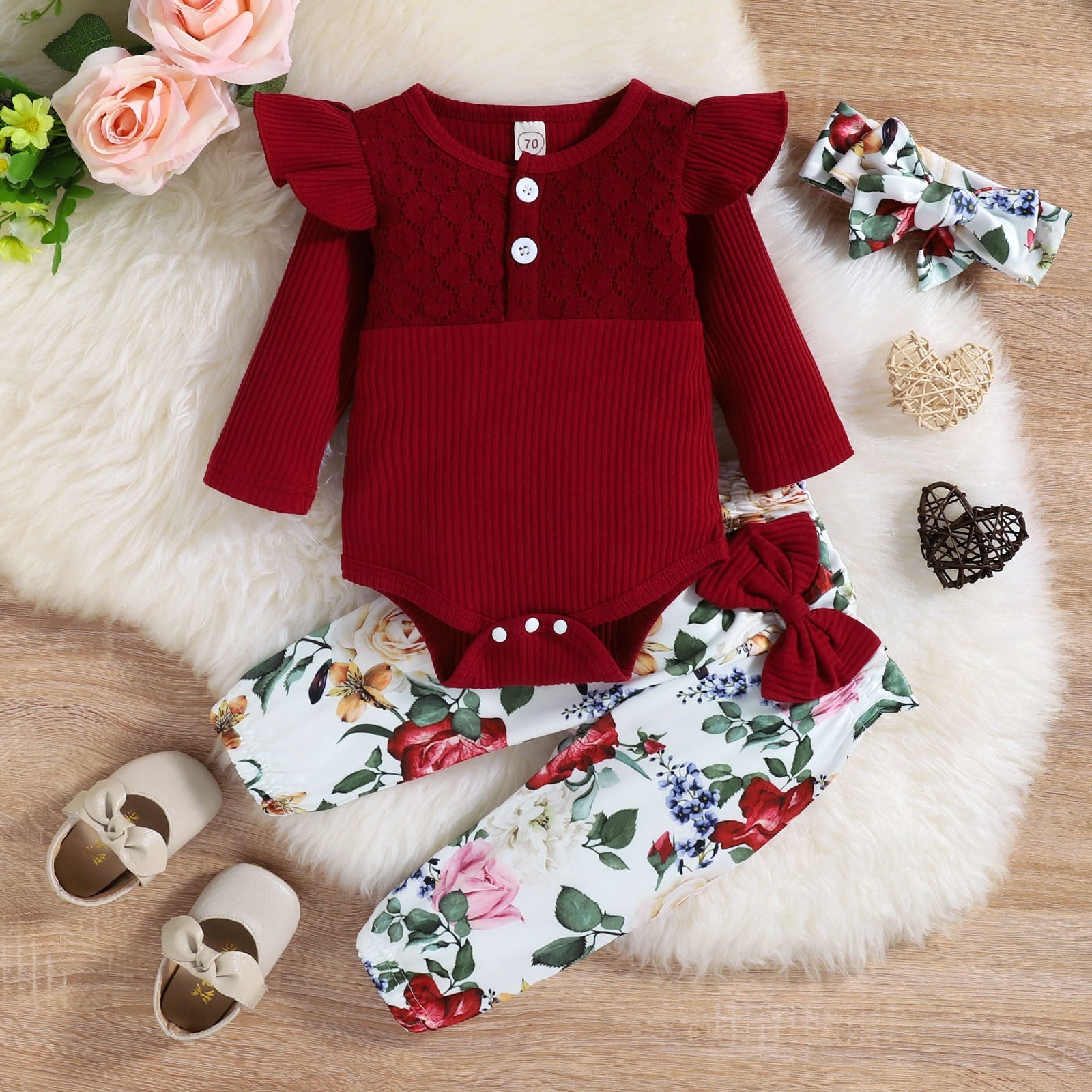 Adorable Baby Girl Clothes Set for Autumn/Winter - Long Sleeve Romper and Pants with Bow Detail