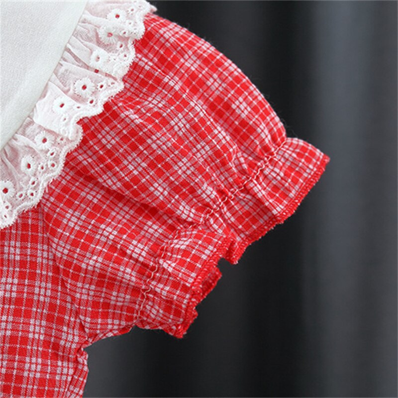 Summer Plaid Baby Girl Dress with Lace Bow and Puff Sleeves