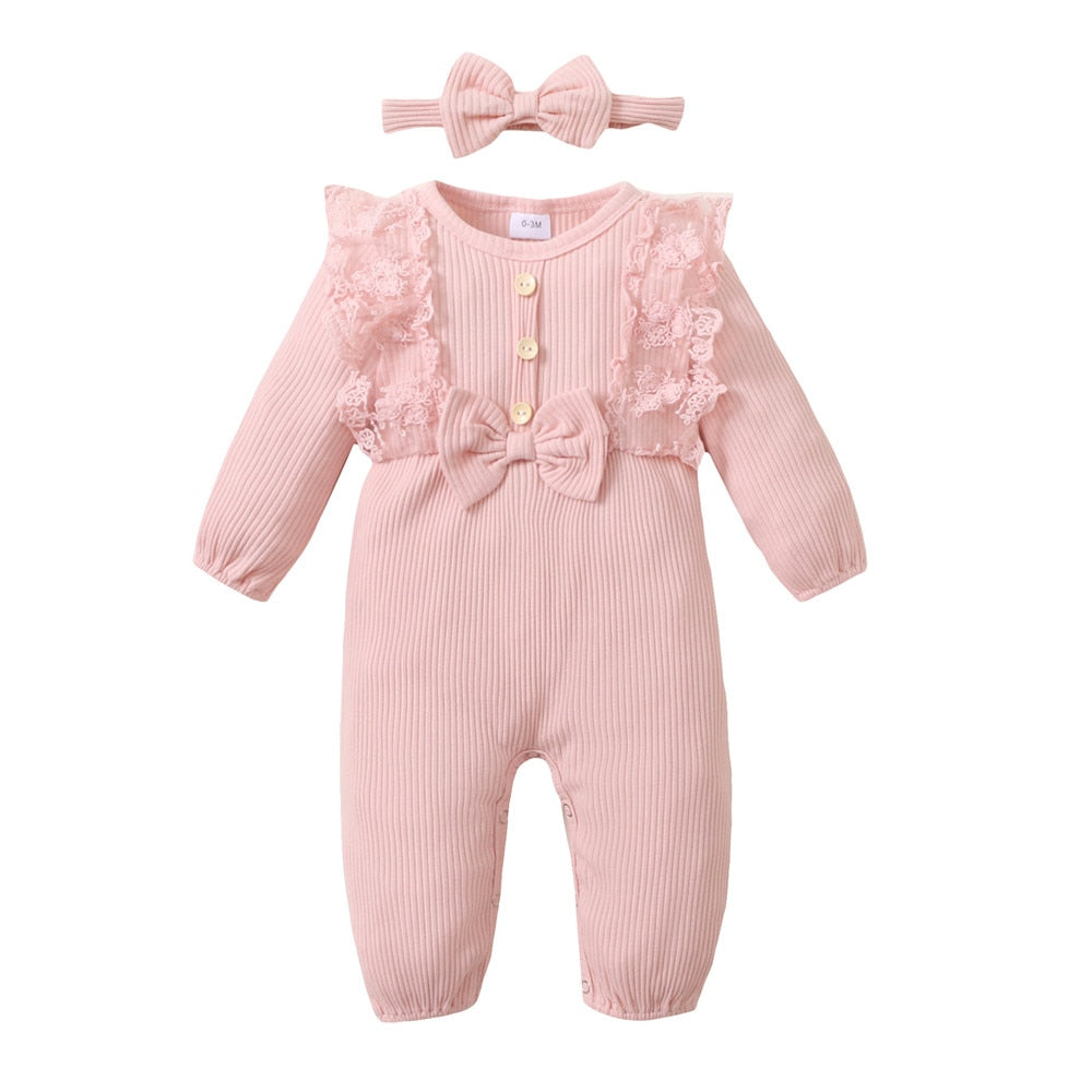 Solid Lace Baby Girls Rompers with Long Sleeves