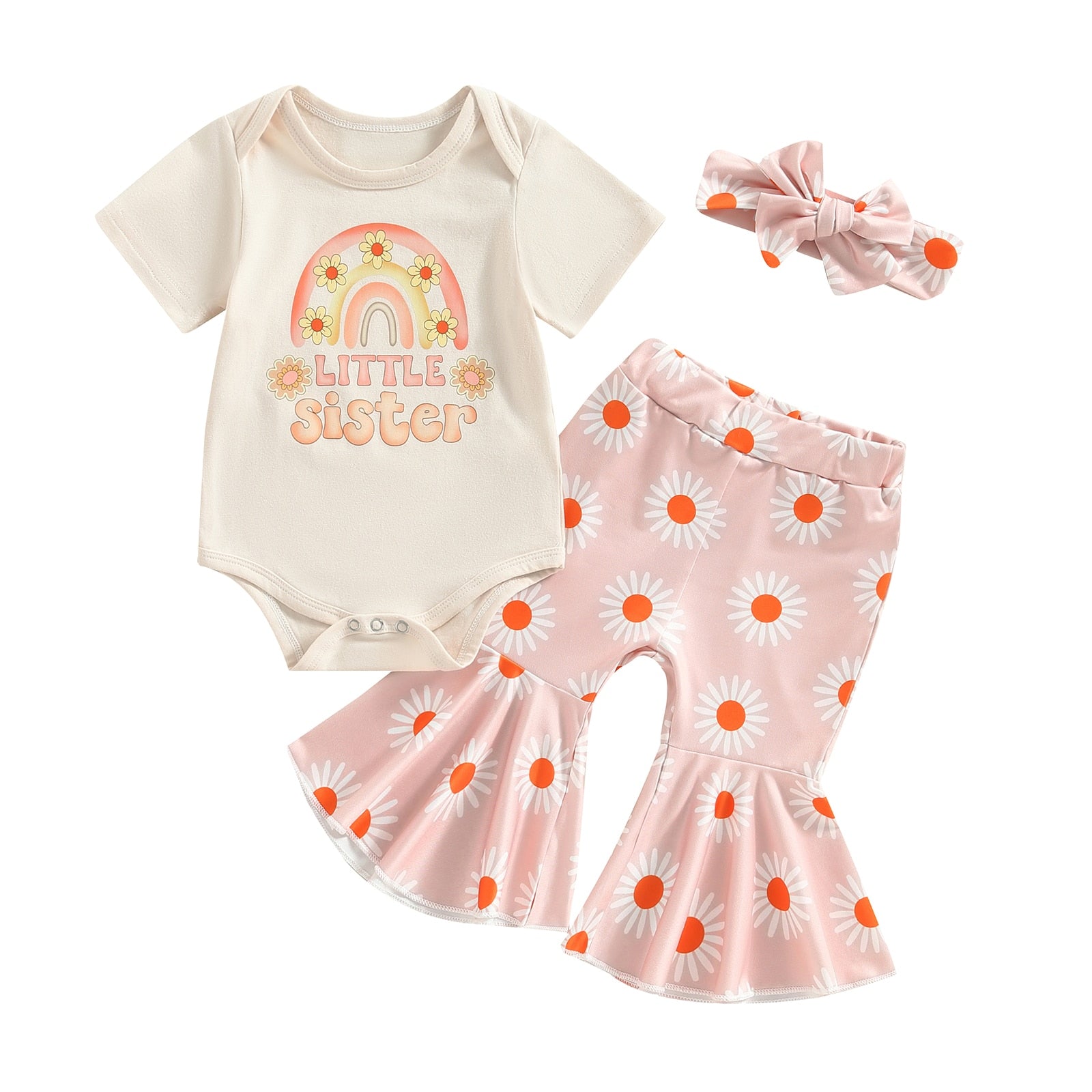 Adorable Newborn Baby Girls Summer Outfits Sets with Rainbow Print and Floral Flared Pants