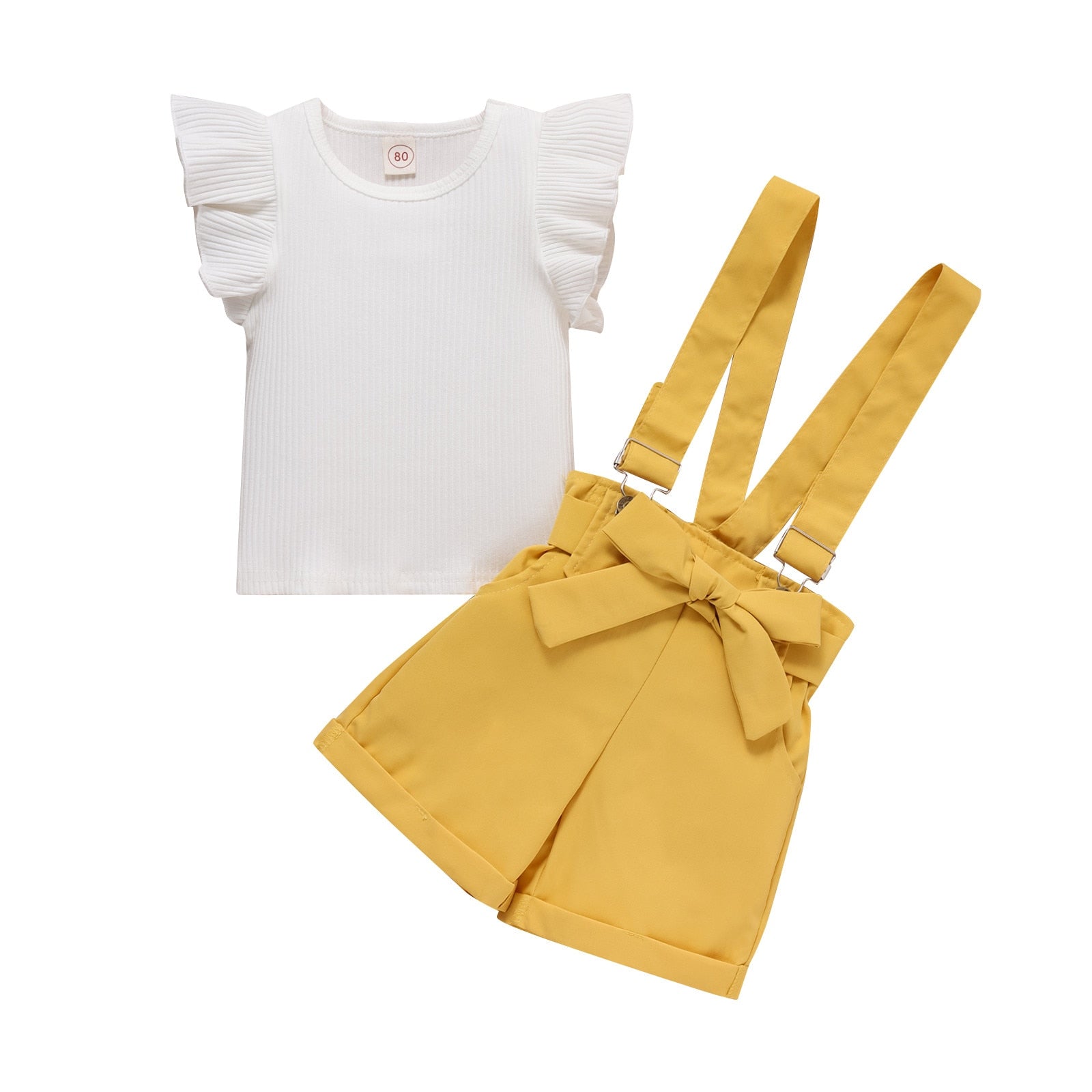 Little Girls Clothes Sets - Ruffle Sleeve T-Shirt and Suspender Shorts