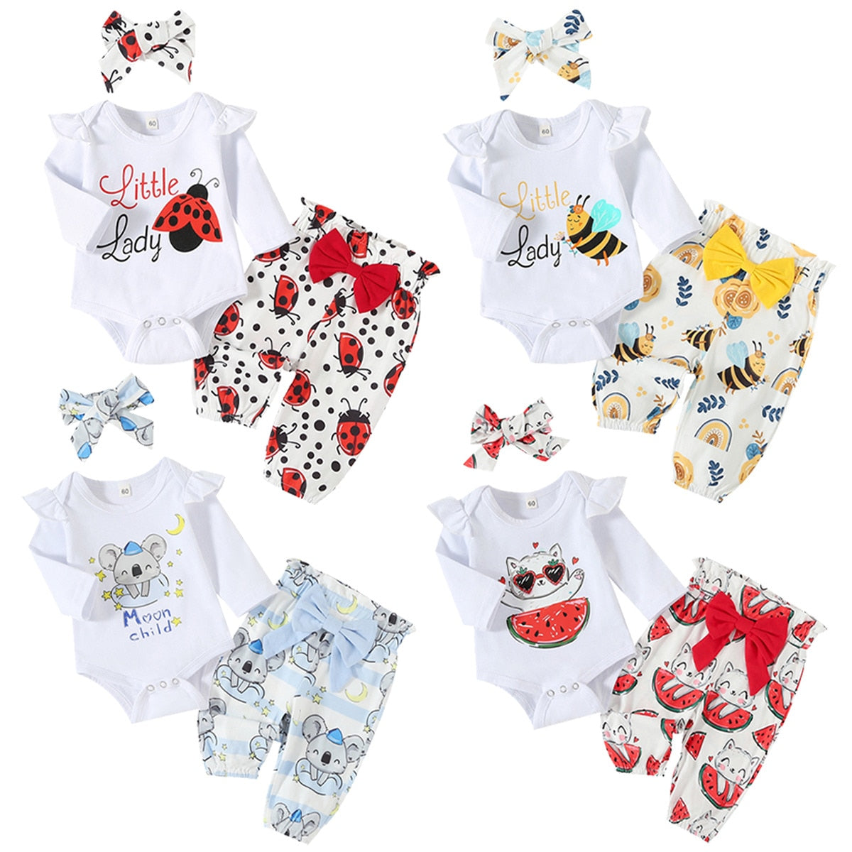 Adorable Newborn Baby Girl Clothes Set with Insect Print Ruffles Romper and Bow Pants