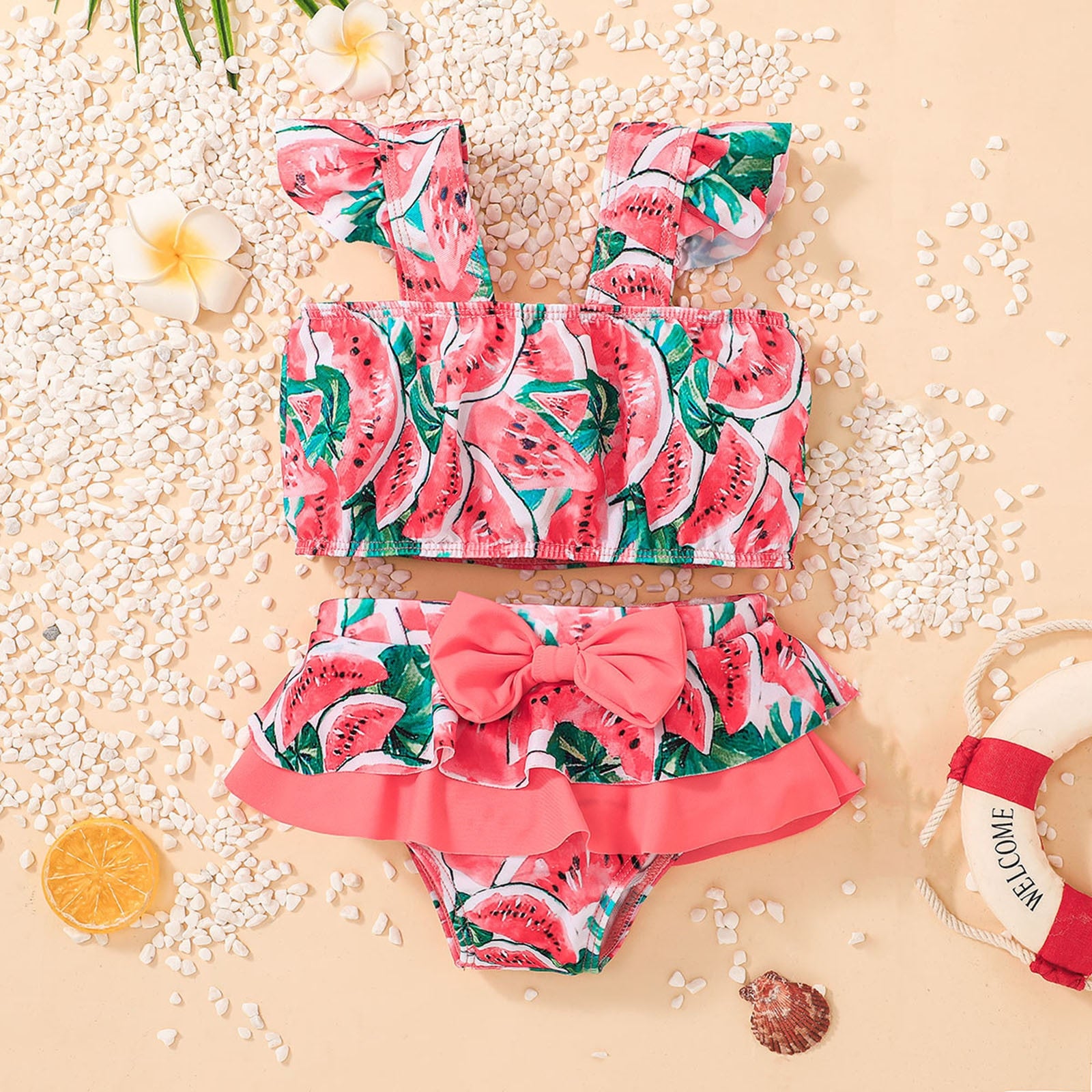 Toddler Baby Girls Swimwear Summer Strap Watermelon Melon Print Two-Piece Swimsuit Set