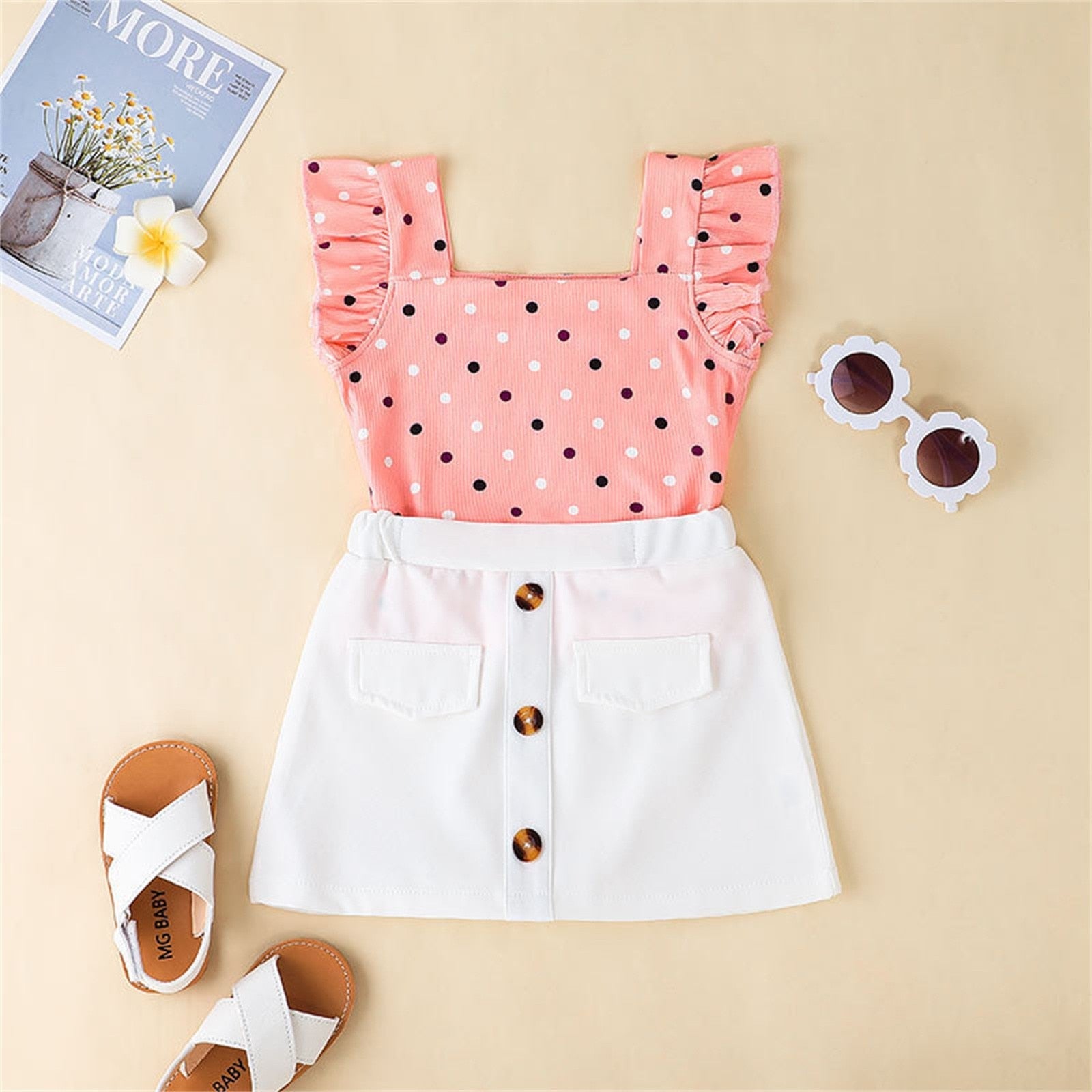 Infant Baby Girls Clothes Sets Summer New In Polka Dot Sleeveless T-Shirt Tops Button Skirts Set Outfits 1-5 Years Girls Clothes