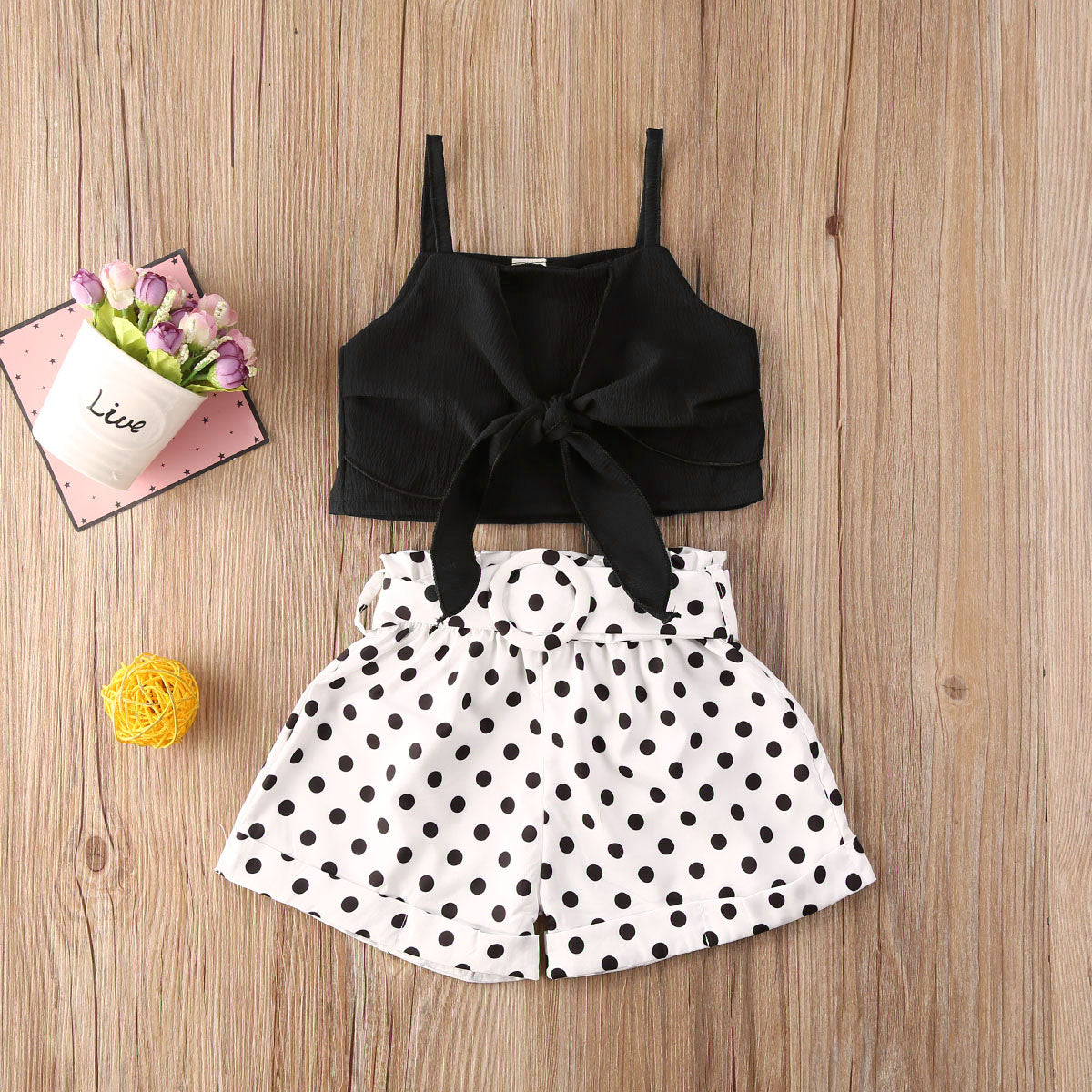 Toddler Baby Girl Summer Clothes Set - Solid Color Strap Bowknot Crop Tops Polka Dot Short Pants 2Pcs Outfits