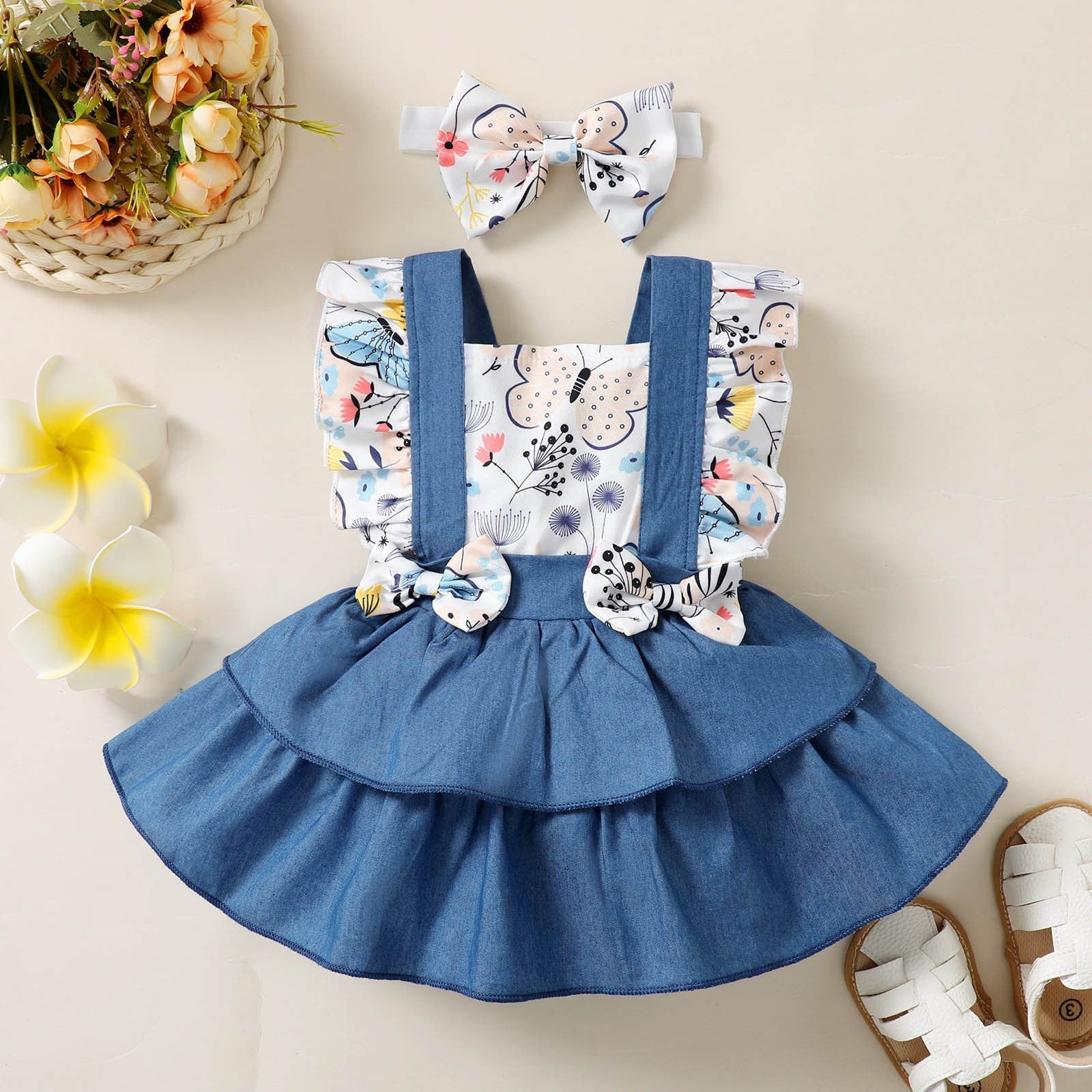Newborn Baby Girl Summer Dress Set - Butterfly Print Party Princess Dress with Bow and Headband