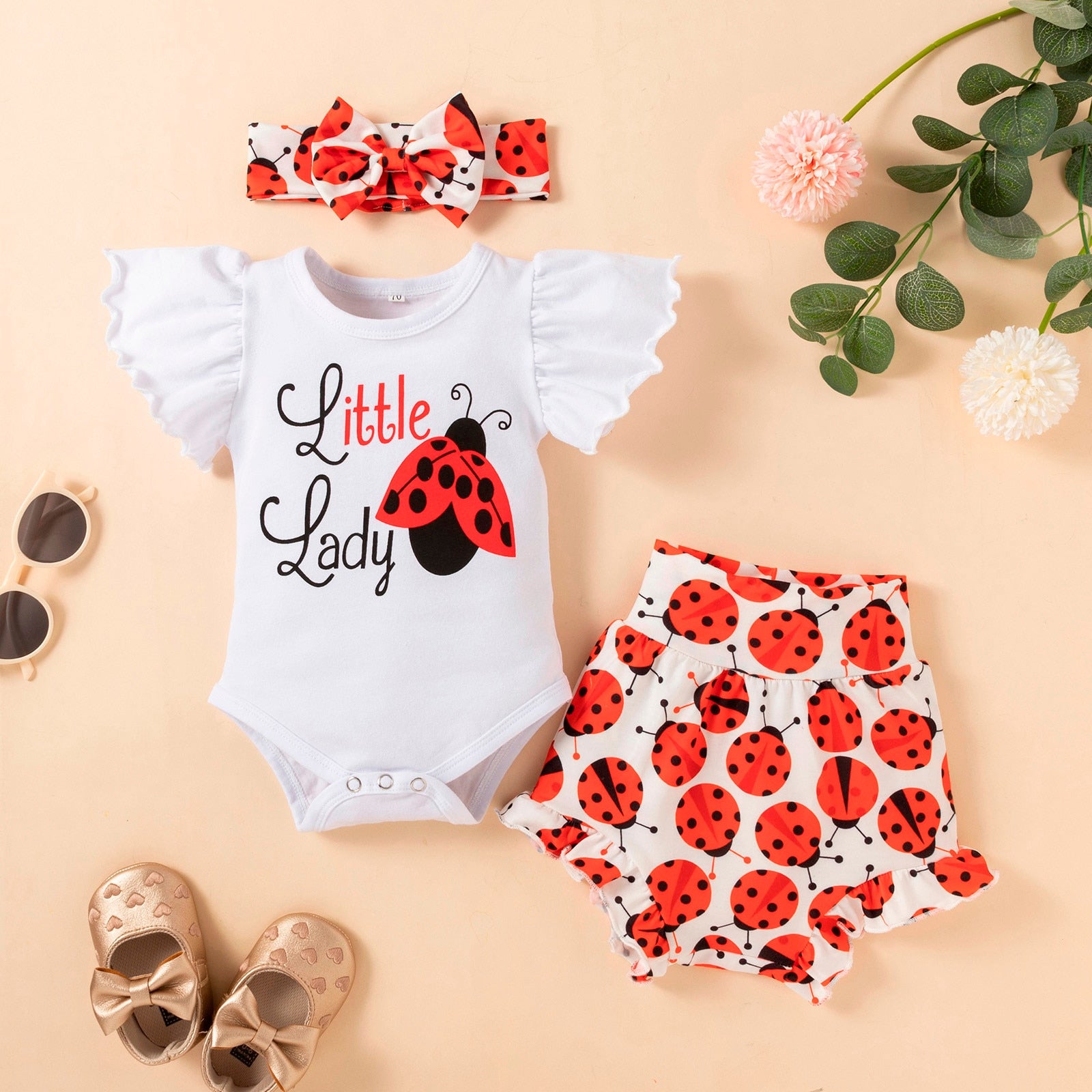 Adorable Infant Baby Clothes Sets - Fly Sleeve Bodysuit Tops, Cartoon Shorts Pants, and Headband for Boys and Girls