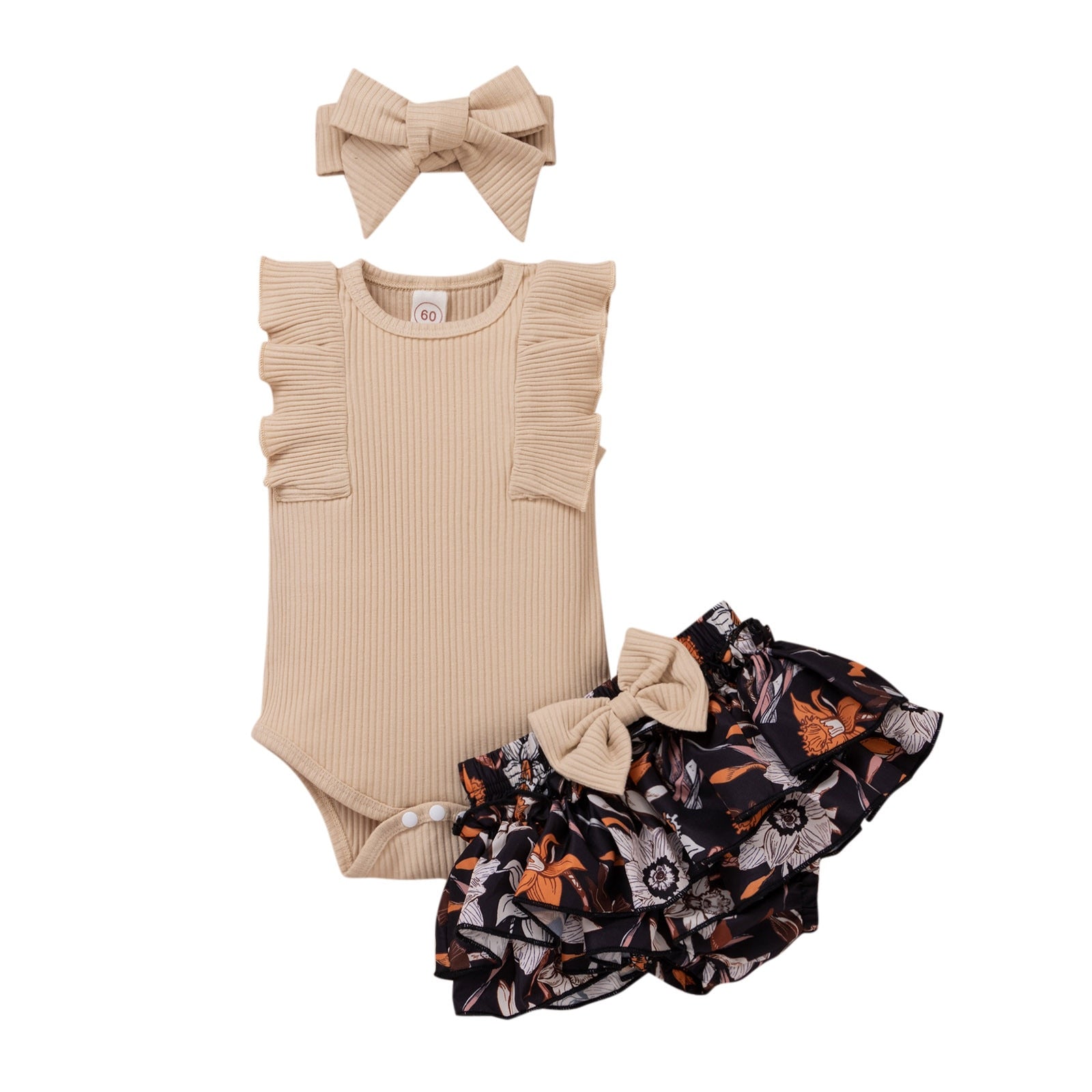 Newborn Girls 3-Piece Summer Outfit - Sleeveless Ribbed Romper, Floral Print Shorts, and Headband Set