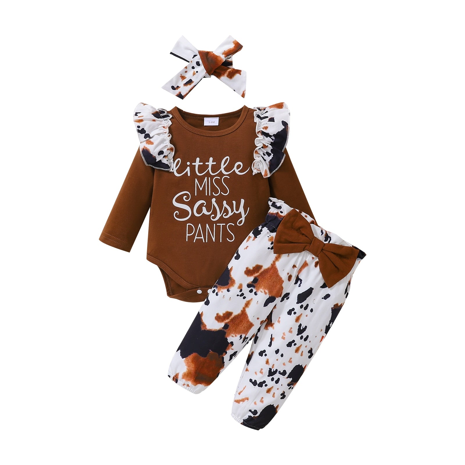 Adorable 3Pcs Baby Girls Fall Outfit Set with Letter Print Romper and Cow Print Pants